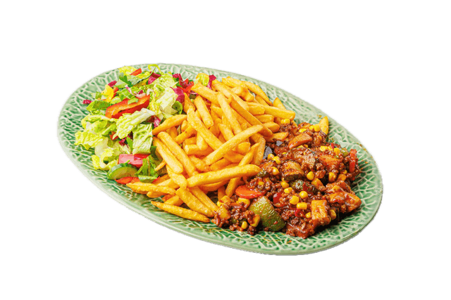Foto von Pommes + Hähnchen-Gemüse-Sauce