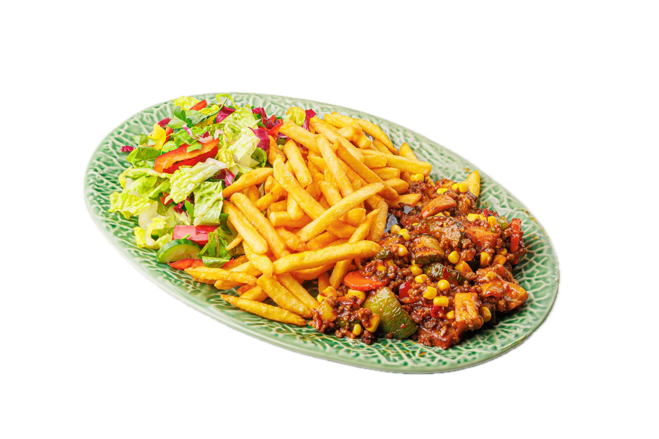 Foto von Pommes + Hähnchen-Gemüse-Sauce